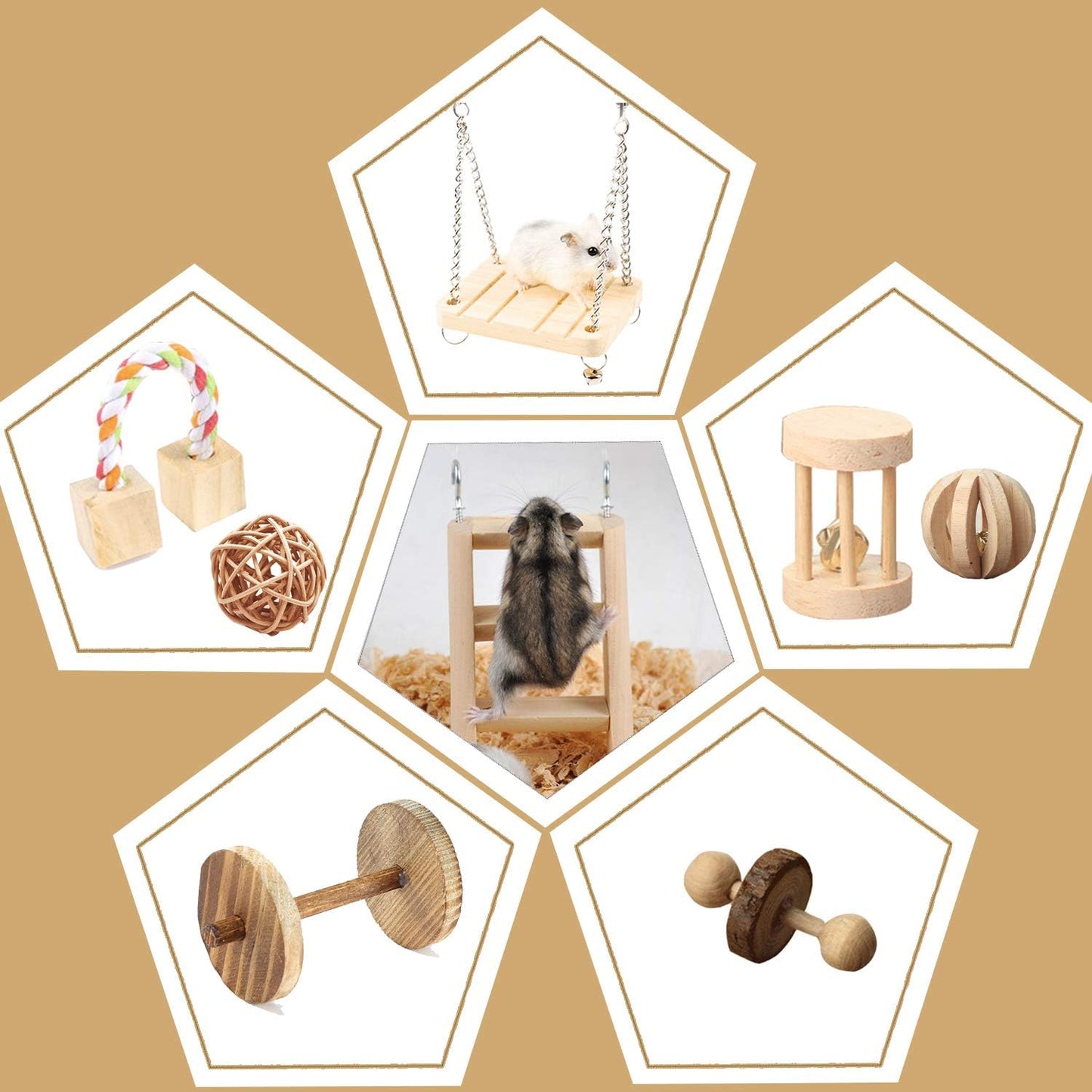 Hamster Chew Toys, 23Pcs Natural Wooden Pine Rats Toys Accessories, Coconut Shell, Tube, Swing, Ladder, Dumbells Exercise Bell Roller Teeth Care Molar Toy