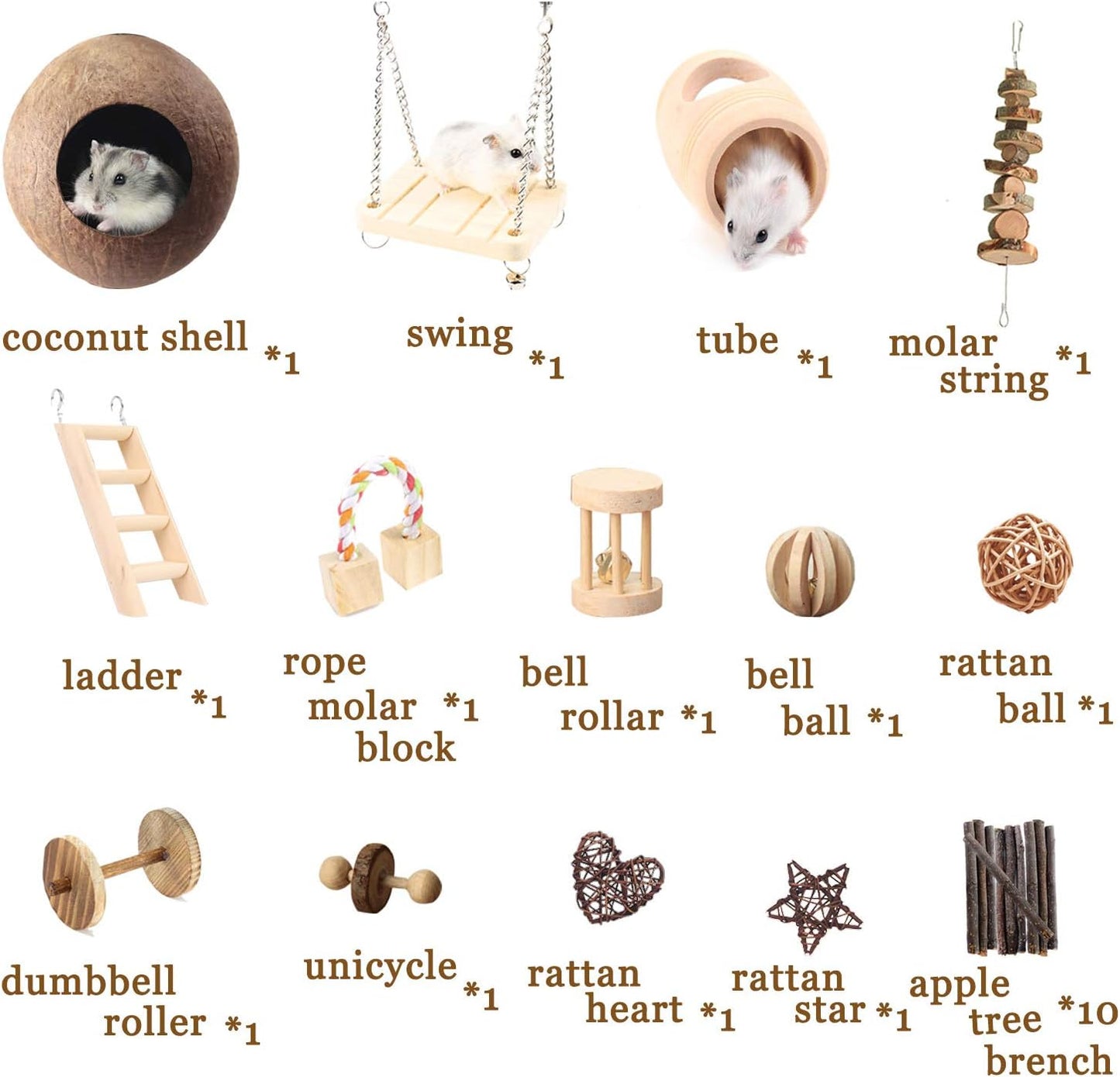 Hamster Chew Toys, 23Pcs Natural Wooden Pine Rats Toys Accessories, Coconut Shell, Tube, Swing, Ladder, Dumbells Exercise Bell Roller Teeth Care Molar Toy