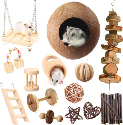 Hamster Chew Toys, 23Pcs Natural Wooden Pine Rats Toys Accessories, Coconut Shell, Tube, Swing, Ladder, Dumbells Exercise Bell Roller Teeth Care Molar Toy