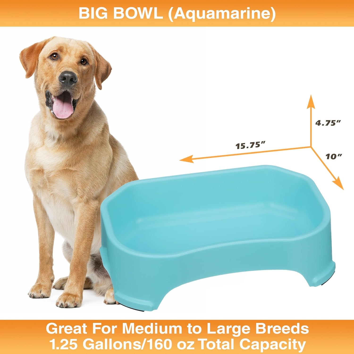 Extra Large Water Bowl for Dogs, Outdoor Dog Water Bowl (1.25 Gallon XL Capacity), Big Trough Style Food Dish for Indoors or Outside, No Spill Large Dog Bowls, Aquamarine