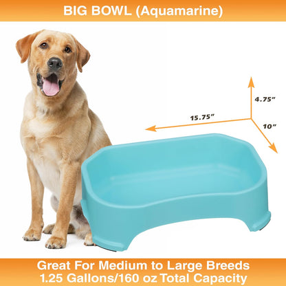 Extra Large Water Bowl for Dogs, Outdoor Dog Water Bowl (1.25 Gallon XL Capacity), Big Trough Style Food Dish for Indoors or Outside, No Spill Large Dog Bowls, Aquamarine