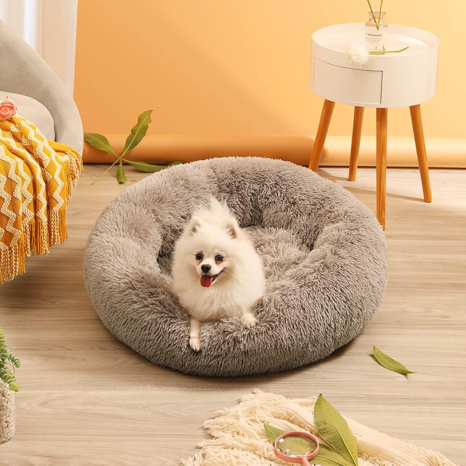 Calming Dog Bed for Medium Dogs, anti Anxiety Donut Dog Bed, round Dog Bed for Puppy, Plush Faux Fur Dog Bed, Fluffy Dog Bed, Soft Fuzzy Pet Bed, Machine Washable, 23X23Inch Khaki