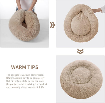 Calming Dog Bed for Medium Dogs, anti Anxiety Donut Dog Bed, round Dog Bed for Puppy, Plush Faux Fur Dog Bed, Fluffy Dog Bed, Soft Fuzzy Pet Bed, Machine Washable, 23X23Inch Khaki