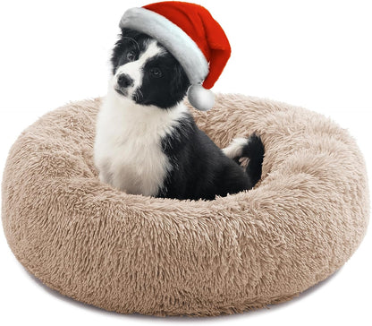 Calming Dog Bed for Medium Dogs, anti Anxiety Donut Dog Bed, round Dog Bed for Puppy, Plush Faux Fur Dog Bed, Fluffy Dog Bed, Soft Fuzzy Pet Bed, Machine Washable, 23X23Inch Khaki